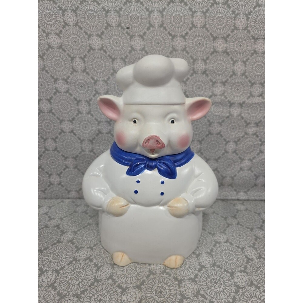 Adorable Chef‎ Pig Cookie Jar Ceramic Blue Scarf Kitchen Decor Novelty